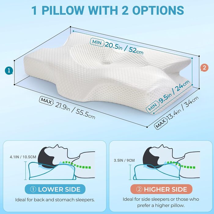 Ортопедична подушка Elviros з Memory Foam для тих, хто спить на боці, з підтримкою шиї, 64 x 12,5/10,5 x 38 см