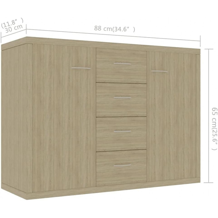 Комод vidaXL з 4 шухлядами та 2 дверцятами, дуб Сонома, 88x30x65 см, багатофункціональна шафа для вітальні, ДСП