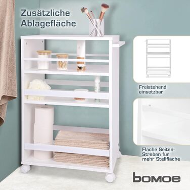 Кухонний візок bomoe Bengt на колесах, 3 рівні, FSC® дерево, універсальний сервірувальний столик 50x38x79 см, білий для кухні, ванної, офісу
