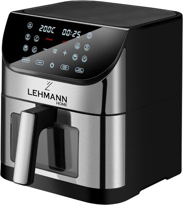 Аерофритюрниця Lehmann XXL 8 л з оглядовим вікном, без масла, 1800 Вт, з підсвіткою, температурний контроль до 200°C, 10 програм, таймер, сенсорне управління