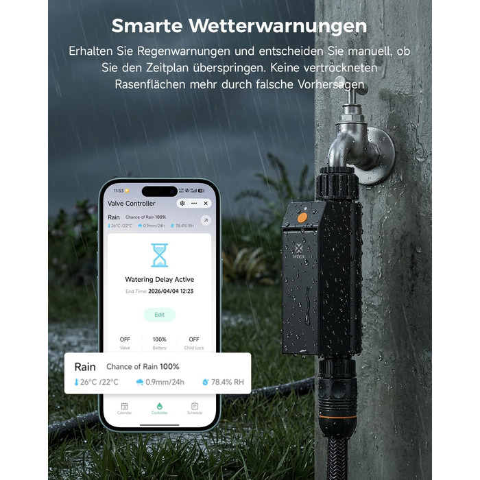 WOOX Розумний контролер поливу WLAN, 2.4GHz, IP65, з керуванням через додаток та голосовий помічник, з датчиком дощу
