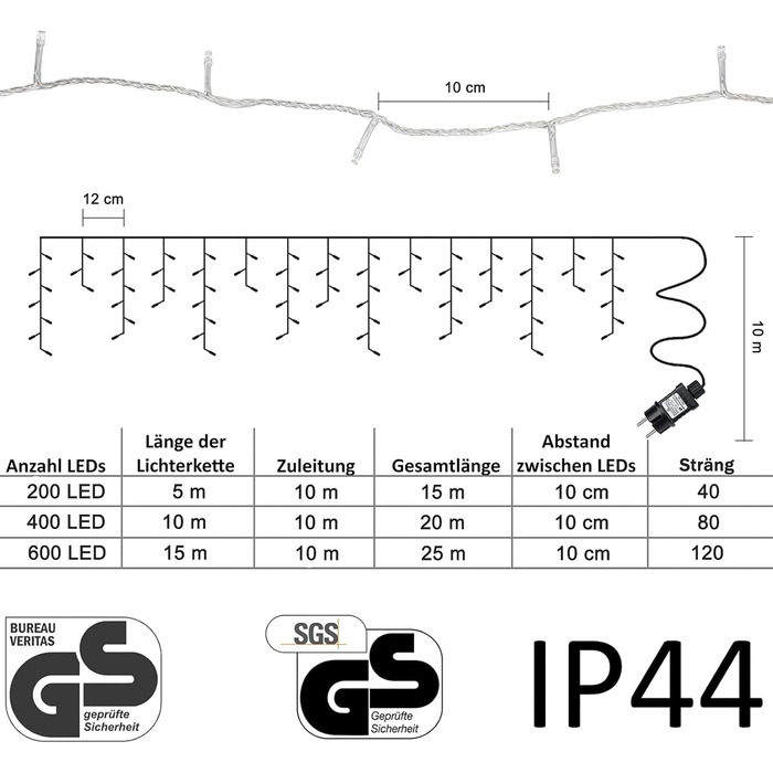 Гірлянда Gresonic 200 LED, 5м+10м, айсберг, тепле біле світло, для зовнішнього та внутрішнього використання, електрична, енергоефективна (A+), декор для дому та вулиці