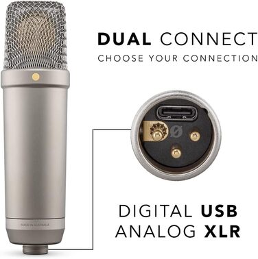 Студійний мікрофон RØDE NT1 5 покоління з великою діафрагмою, XLR та USB, із павуком і поп-фільтром, для запису вокалу, музики та подкастів, сріблястий