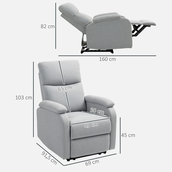 HOMCOM Recliner, Крісло для телевізора з функцією відкидання, М'яке крісло під телевізор з білизною, крісло з кишеньковим пружином, крісло вантажопідйомністю до 150 кг для вітальні, сірий