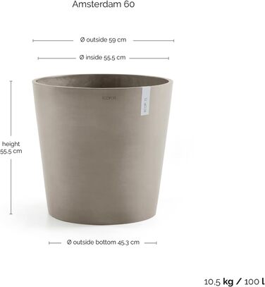 Горщик для квітів Ecopots великий, Амстердам, 44,3 см (діаметр), 59x59x55.5 см, бежевий
