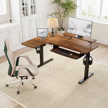 Електричний кутовий стіл для геймінгу EUREKA ERGONOMIC 155x110 см, з регулюванням висоти, клавіатурною полицею, LED-підставкою для монітора, лівий, колір горіх