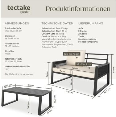 Набір садово-розсудних меблів tectake® Rope Design для саду/балкону: 2 крісла, диван, стіл з імітацією дерева, 4 посадочні місця, з подушками, вологостійкий