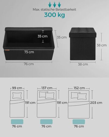 Складана банкетка SONGMICS з місцем для зберігання, 76x38x38 см, чорна, до 300 кг, для передпокою, вітальні, спальні
