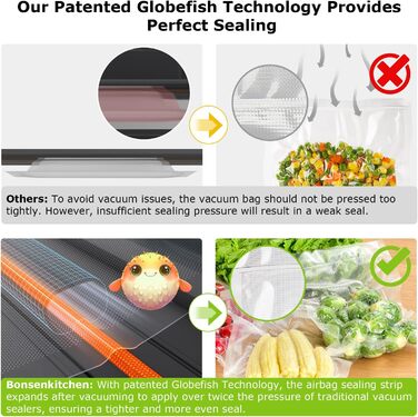 Вакууматор Bonsenkitchen для продуктів, потужний вакуумний пакувальник 15л/хв, з інтегрованим різаком та ручкою-фіксатором, чорний (комплект з 100 пакетами)