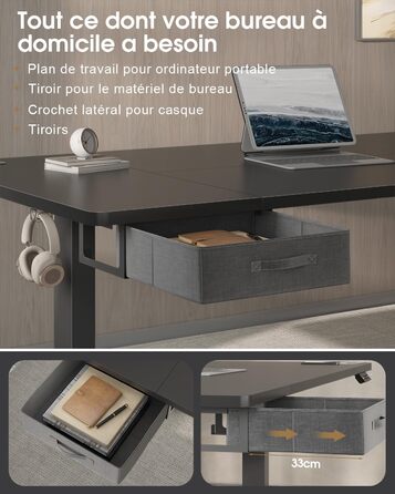 Регульований стіл Devoko 160x80 см з висувними ящиками, USB-порт, органайзер для кабелів, стіл для комп'ютера з 3-ма режимами пам'яті, білий (чорний)