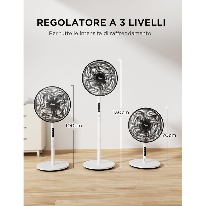 Вентилятор підлоговий Midea Leiser FS35-26XRDSE(BW) DC мотор, 8 лопатей, 9 швидкостей, коливання 85°, таймер 9 год, регульована висота