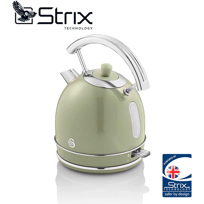 Електрочайник Swan Retro 1,8 л, вінтажний дизайн, 3000 Вт, автоматичне відключення, Strix контролер, бездротовий, BPA-free нержавійка, зелений