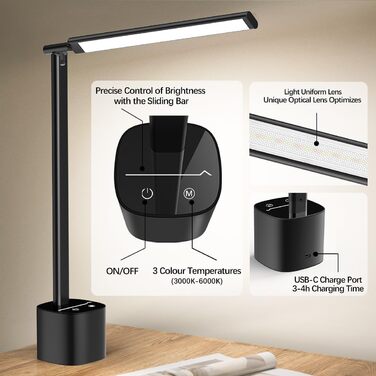 LED настільна лампа bravzurg 10W з дотиком, димуванням, акумулятором 5000mAh, складана та поворотна, бездротова, для офісу, столу, нічника, чорна