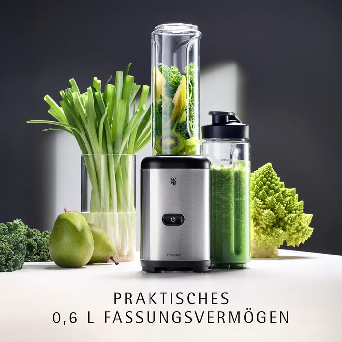 Міксер-блендер WMF Küchenminis Smoothie-to-go, стаціонарний потужний блендер 300 Вт з двома пляшками-чашами по 0,6 л, матова нержавіюча сталь, сріблястий