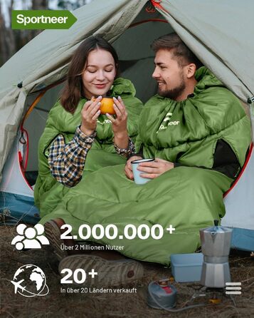 Спальний мішок Sportneer Outdoor у формі ковдри 220×85 см, з отворами для рук, 1.5 кг (Зелений, температурний режим 10-26 °C)