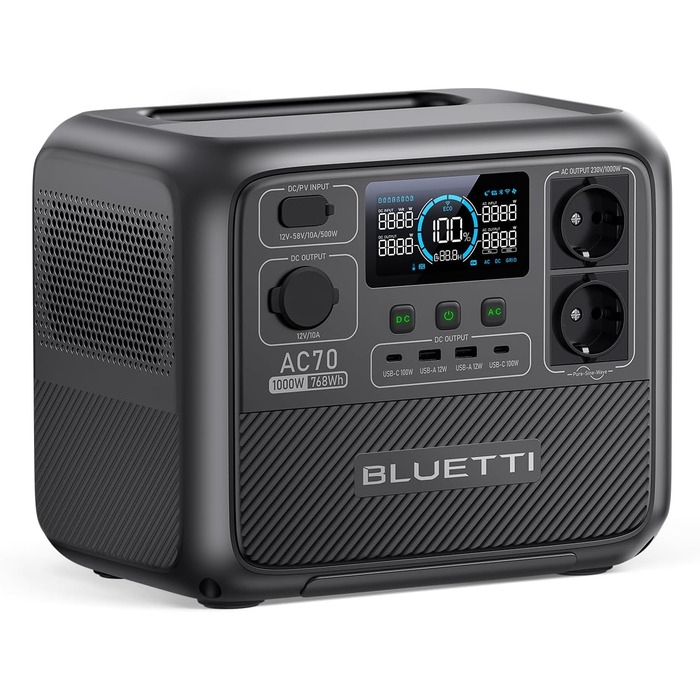 Портативна електростанція BLUETTI AC70, ємність 768 Wh, номінальна потужність 1000 W, пікова потужність 2000 W