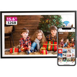 FRAMEO Цифровий фоторамка 15.6 дюймів FHD, сенсорний екран, 32GB, Wi-Fi, віддалене завантаження фото та відео, календар, погода, музика, чорний