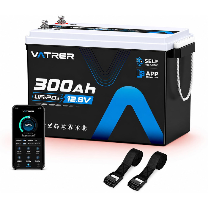 LiFePO4 акумулятор VATRER POWER 12V 300Ah з системою самопідігріву та Bluetooth