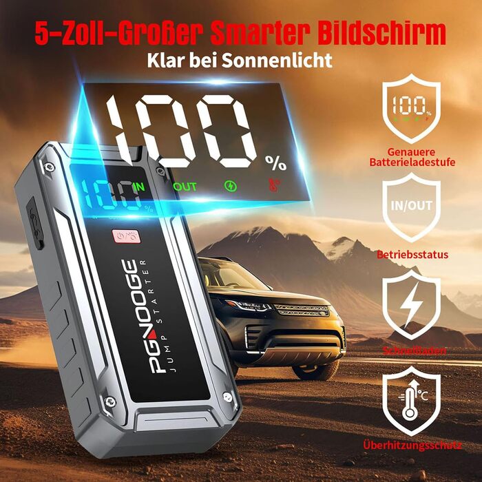 Бустер автомобільного акумулятора Starthilfe Powerbank 26800mAh 6000A з LED-ліхтарем та дисплеєм для авто, SUV, мотоциклів та газонокосарок (silver)