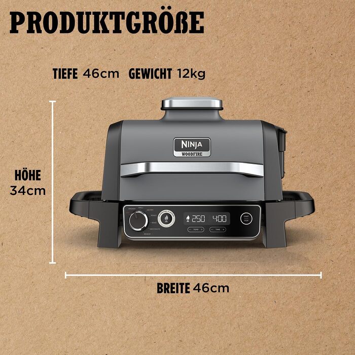 Електричний гриль та коптильня Ninja OG701EU Woodfire для вулиці, аерофритюрниця, 7 режимів приготування, сірий, чорний BBQ гриль