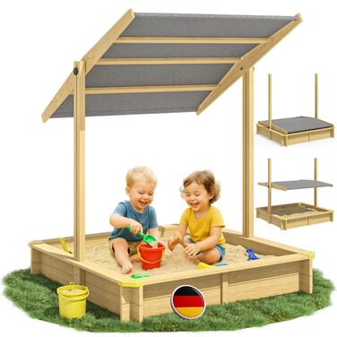 Пісочниця Spielwerk Samu з дахом від сонця 120x120 см, натуральне дерево, захист країв, UV 50, з рівнем наповнення, для дітей