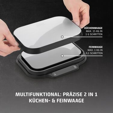 Кухонні ваги 2 в 1 CASO KitchenDuo: електронні ваги до 15 кг (крок 1 г) та високоточні ваги до 1 кг (крок 0,1 г), функція Hold, сталева поверхня