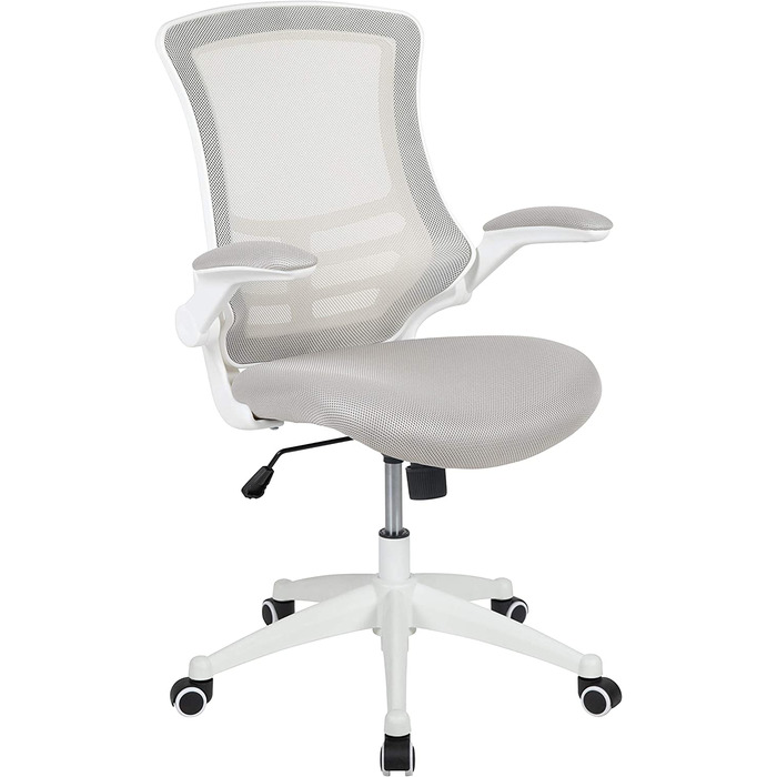 Ергономічне офісне крісло Flash Furniture, сітка, середньої висоти, з відкидними підлокітниками, світло-сіра сітка/білий каркас, 64.77x62.23x104.78 см