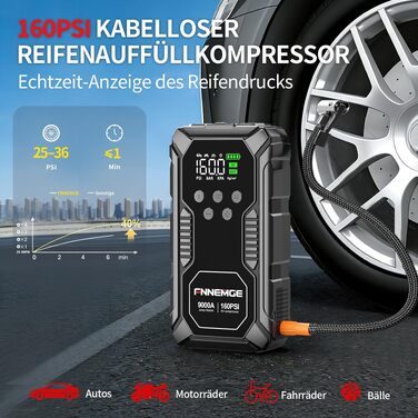 Пусковий пристрій (бустер) FNNEMGE 26800mAh 9000A з компресором 160PSI для авто 12V (бензин та дизель до 12.0L), Powerbank з LCD-екраном та LED-ліхтарем