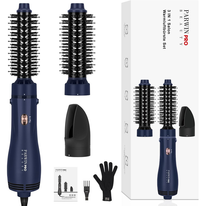 PARWIN PRO BEAUTY 3-в-1 Фен-щітка для волосся, стайлер, випрямляч, об'єм, локони, кераміка, іонна технологія, 1100 Вт, синій