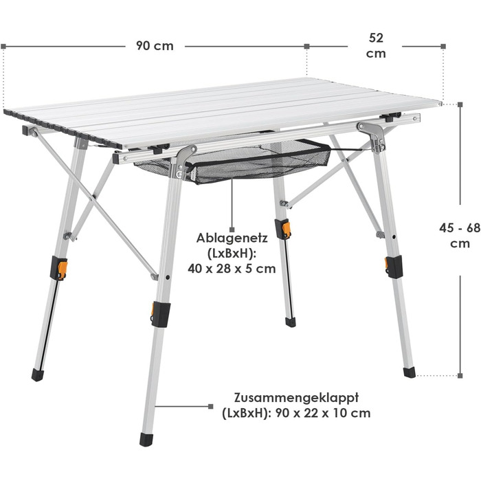 Складаний алюмінієвий стіл Juskys Picco 90×52 см, легкий, регульований по висоті, для кемпінгу та саду, сріблястий