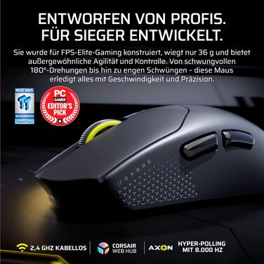 Ігрова бездротова миша Corsair Sabre v2 PRO Ultralight Wireless FPS, 33K DPI, 8000Hz, 36г, чорна