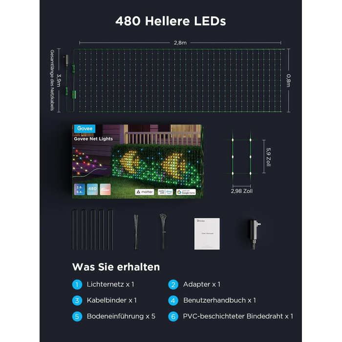 Світлодіодна сітка Govee для кущів 480 LED, 0,88×2,86 м, розумна гірлянда для вулиці з режимами, DIY, для Хелловіну, газону, IP65, сумісна з Alexa