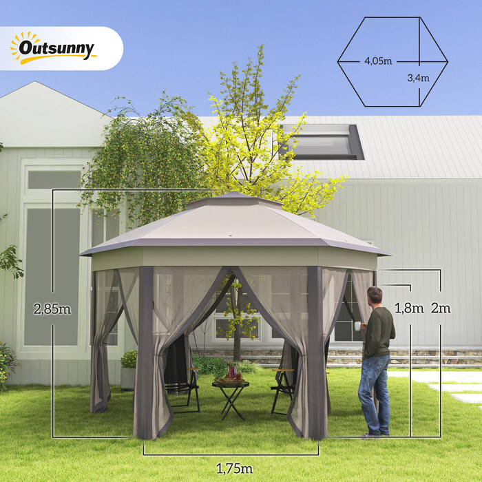 Альтанка Outsunny Garden Folding Gazebo 4x4 м Pop Up Tent Party Tent з сумкою для перенесення та 6 бічними панелями, подвійний навіс шестикутний у кавовому та бежевому кольорах