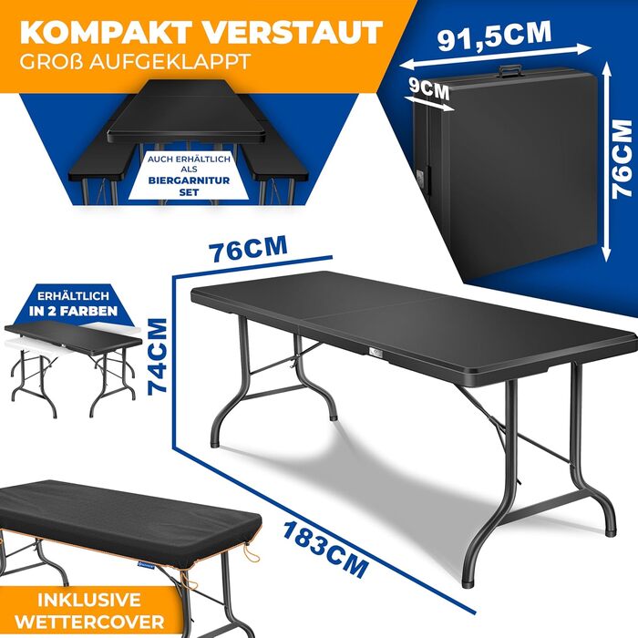Стол KESSER® для пікніка, кемпінгу та саду, розкладний, 183x76 см, на 6 осіб, з чохлом та ручкою, антрацит