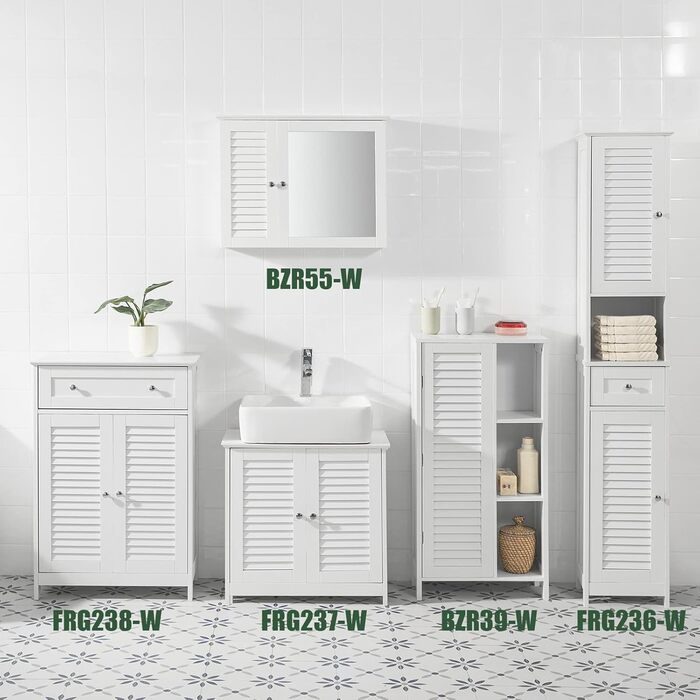 Шафа для ванної SoBuy BZR39-W з ламельними дверцятами, біла, 48x96x24 см – високий комод для зберігання, ванна кімната, меблі для ванної