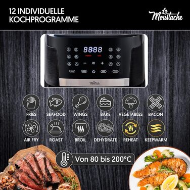 La Moustache Pro Smart Фритюрниця без олії 7 л, 1800 Вт, 12 програм, цифрове управління, антипригарна, з таймером, чорна, з електронною книгою рецептів