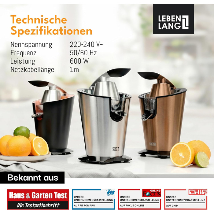 Електрична соковитискачка для цитрусових LEBENLANG 600W, з конусом із нержавіючої сталі та важелем, BPA-free, мідний колір
