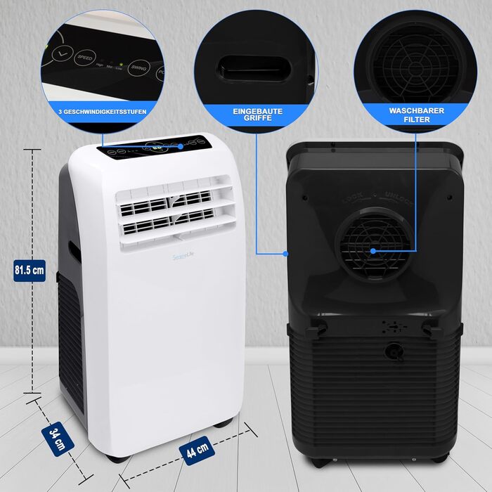 Мобільний кондиціонер SereneLife 3-в-1 9000 BTU з функціями охолодження, осушення та вентиляції, з відведенням повітря, для приміщень до 42 м², білий