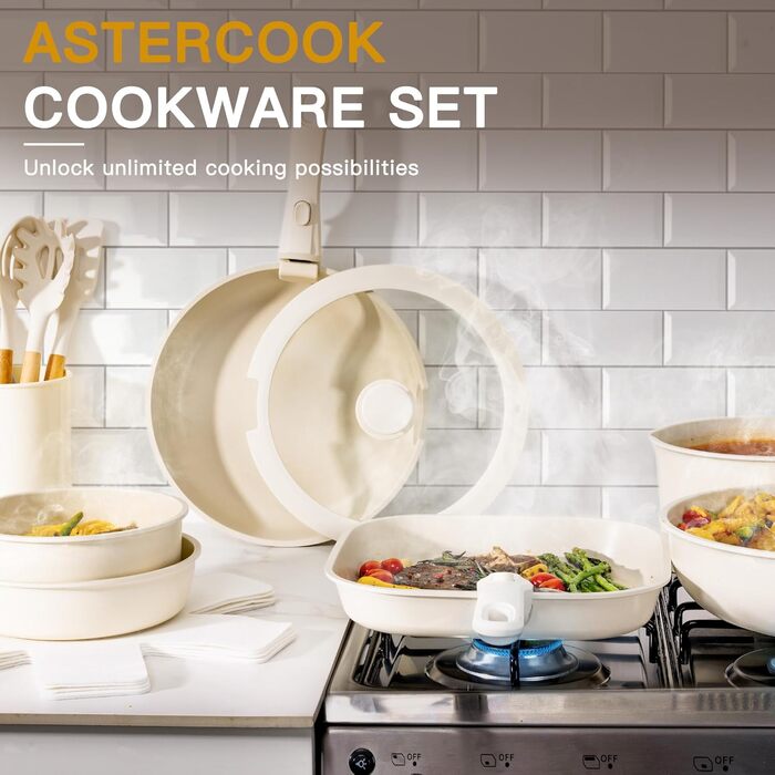 Набір посуду Astercook 21 предмет, кераміка, антипригарне покриття, знімні ручки, для індукції, кремово-білий