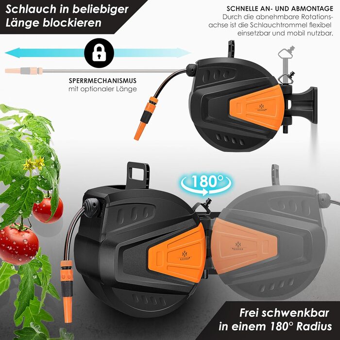KESSER® Автоматична карусель для шланга 15 м + 2 м, настінна коробка для шланга з автозмотуванням, роликовий механізм для садового шланга, поворотна на 180°, набір з багатофункціональною лійкою з 9 режимами, 2 насадки, помаранчевий