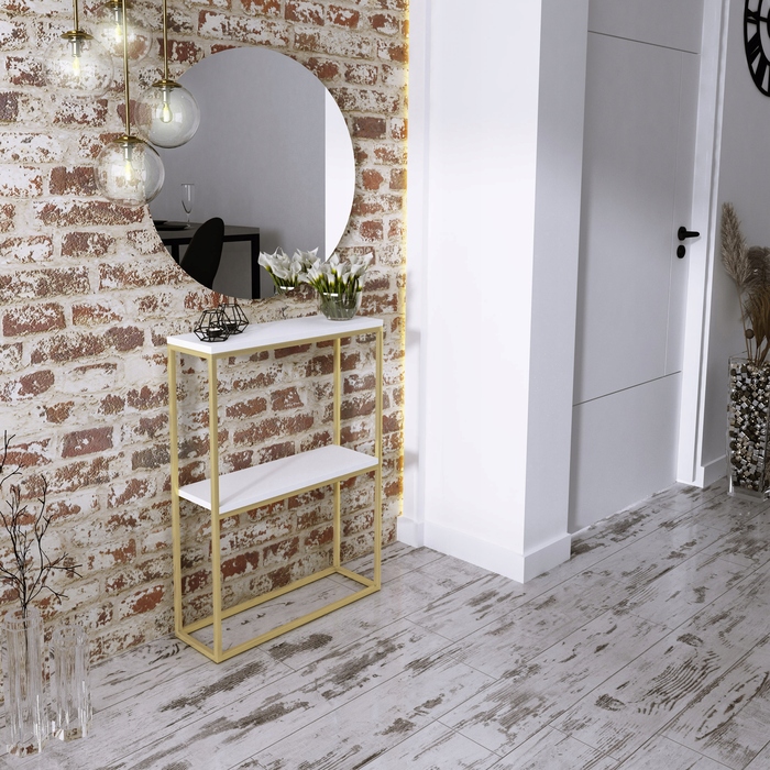 Вузька консоль у передпокій Glamour, подвійна, 60x20x80 см, золота з білим матовим столом