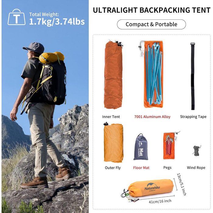 Намет Naturehike Cloud Up 1 для однієї особи, ультралегкий, 4-сезонний туристичний намет для кемпінгу