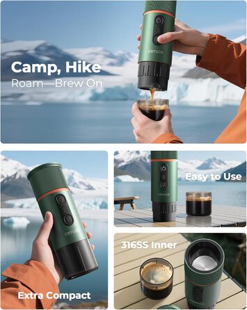 Портативна кавомашина для еспресо COTGCO 20 bar з акумулятором 13500mAh | Сумісна з Nespresso | Для кемпінгу, авто, офісу (зелена)