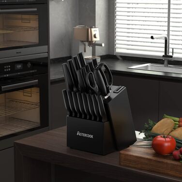Набір кухонних ножів Astercook (21 предмет) з підставкою та вбудованим точилом, німецька нержавіюча сталь, чорний колір, придатні для посудомийки