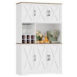 Кухонна шафа-буфет HOCSOK 106x180 см, біло-коричнева бічна тумба (sideboard) з 6 дверцятами, знімним тримачем для пляшок та келихів, шафа для продуктів у вітальню та їдальню