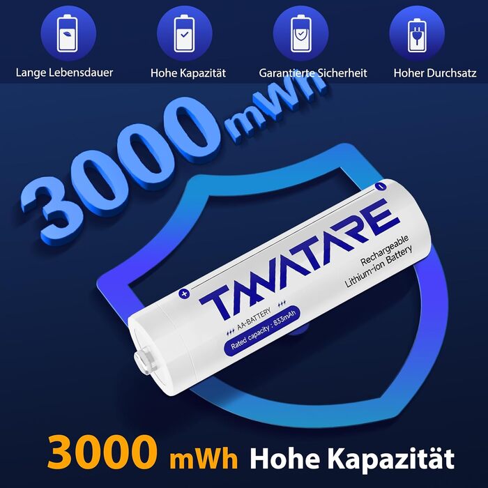 Набір акумуляторів Tanatare AA 1.5V 3000mWh Li-ion (8 шт) з зарядним пристроєм-кейсом, чорний