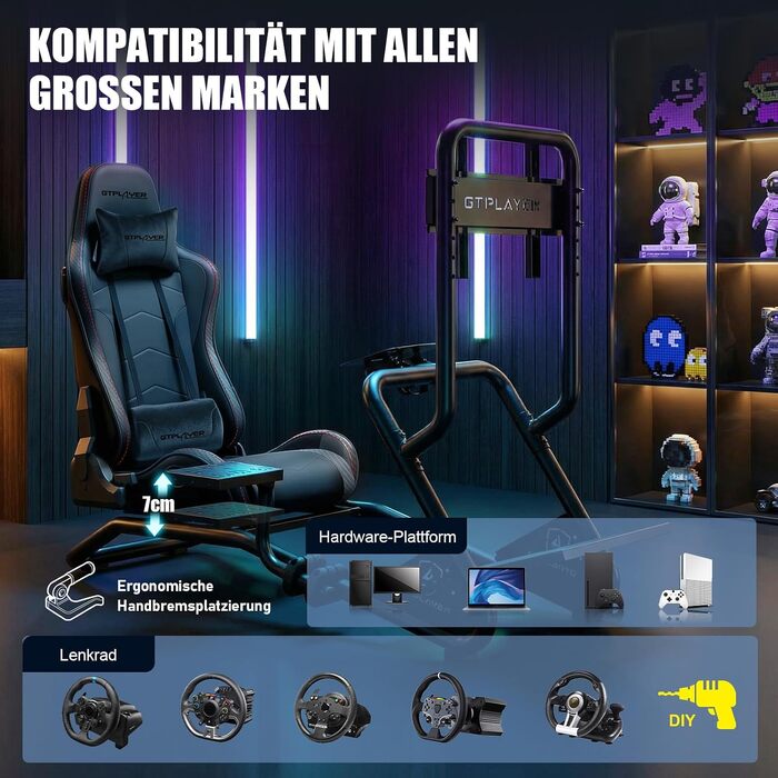 Ігровий симулятор GTPLAYER Simulator Cockpit: стійка для керма з 3D-стереодинаміками, тримачем для монітора, педалей та важеля КПП, регульована, чорна