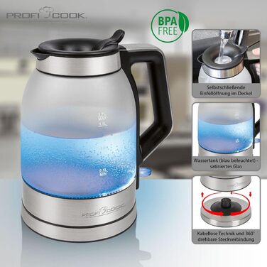 Електричний чайник ProfiCook 1,7 л, скляний, з підсвіткою, BPA-free, 2200 Вт
