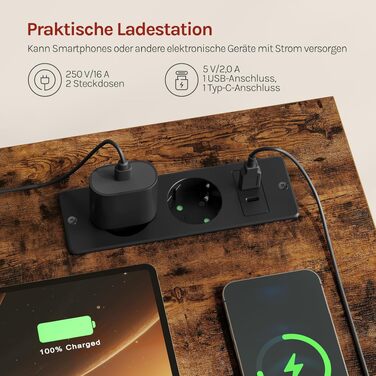 Комп'ютерний стіл WOLTU з 2 шухлядами, вбудованими розетками (USB, Type-C), підставкою для навушників та полицями, 120 x 51 x 75 см, рустикальний коричневий