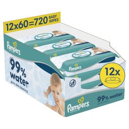 Дитячі вологі серветки Pampers 99% Water, гіпоалергенні, 12 упаковок по 60 шт (720 шт)